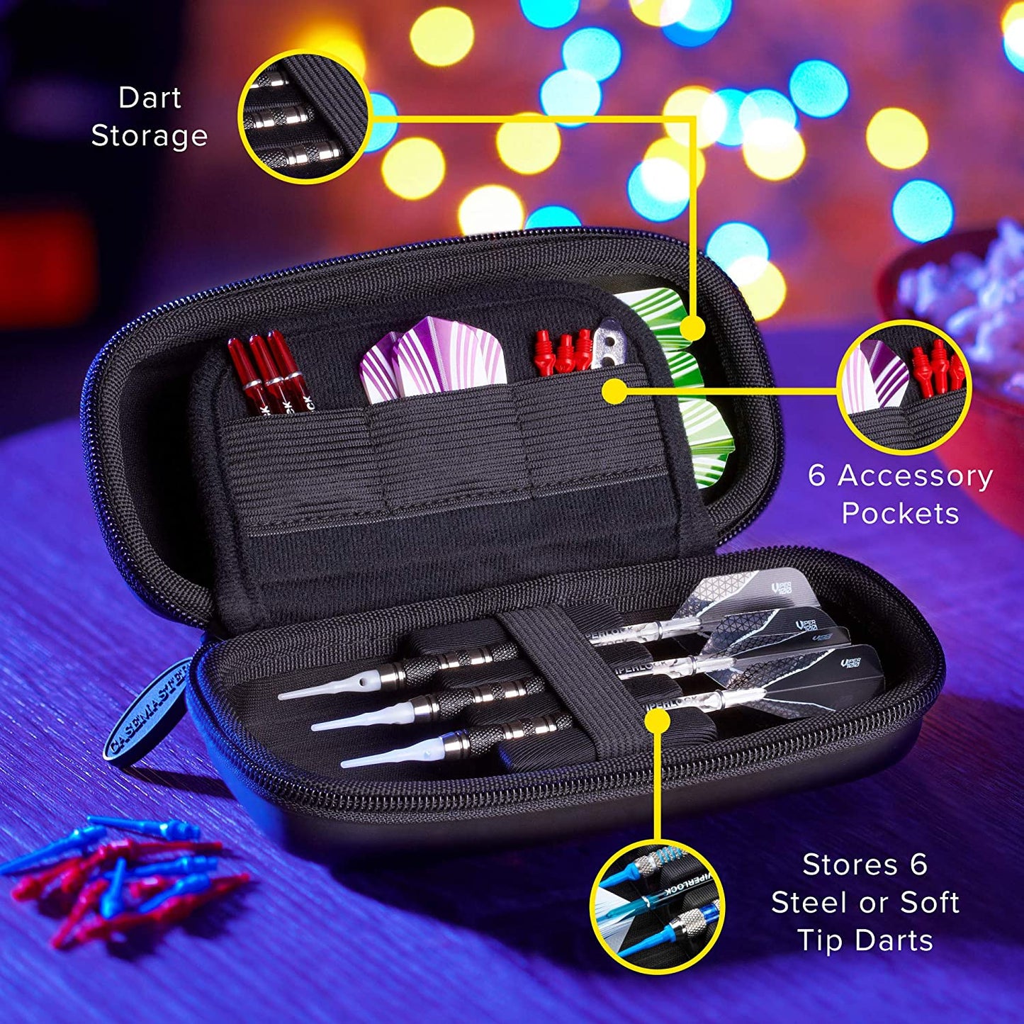 Sentry Dart Case Slim EVA Shell for Steel and Soft Tip Darts, Hold 6 Darts and Features Built-In Storage for Flights, Tips and Shafts