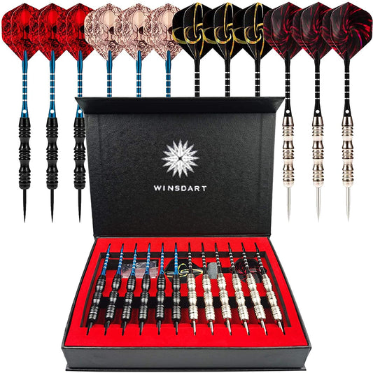 ADKX Steel Tip Darts 12 Pack Set with Nonslip Iron Barrel Aluminum Dart Shafts and Flights + Darts Sharpener + an Gift Box